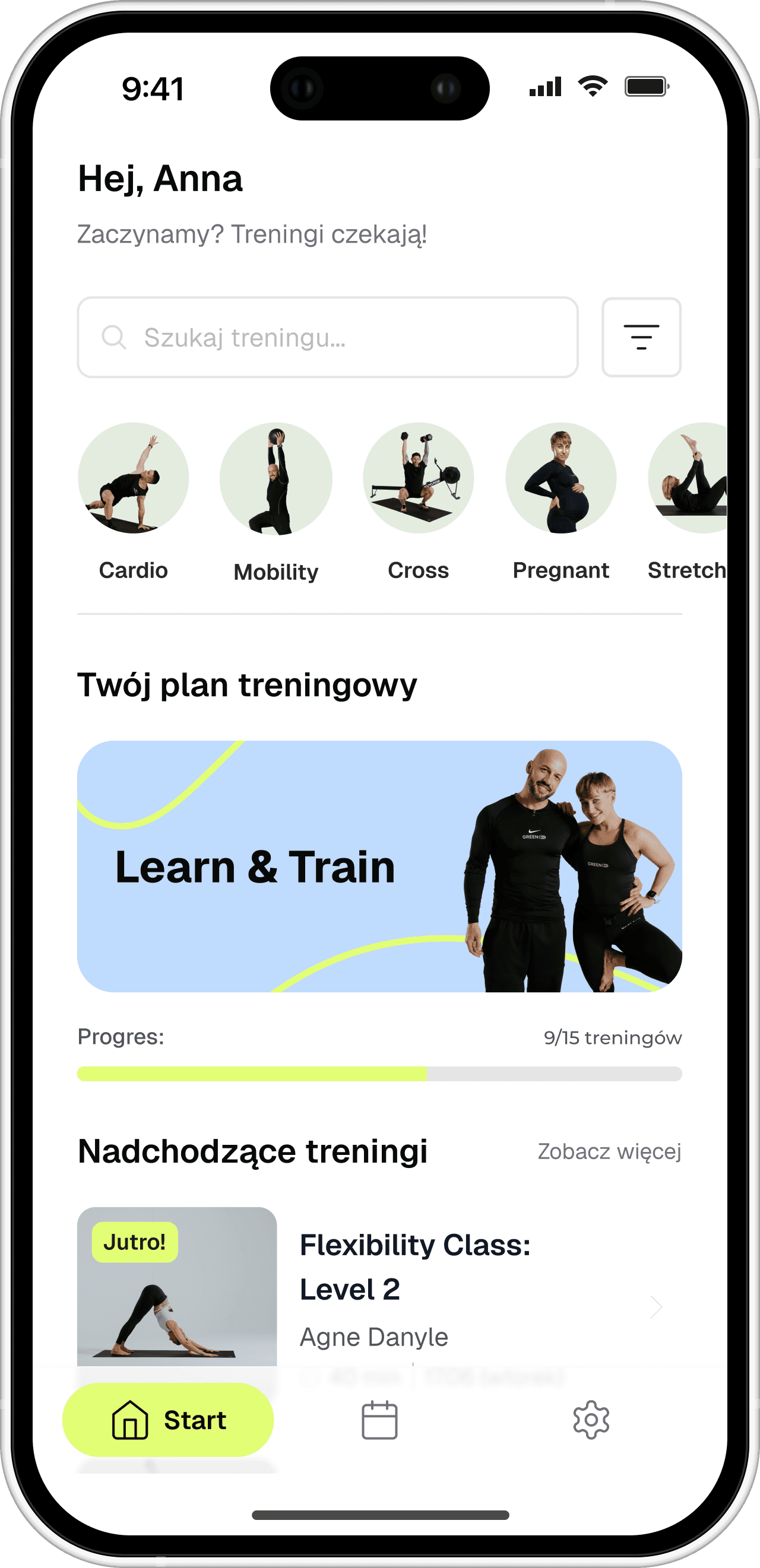 Ekran główny aplikacji GreenFitOn na telefonie
